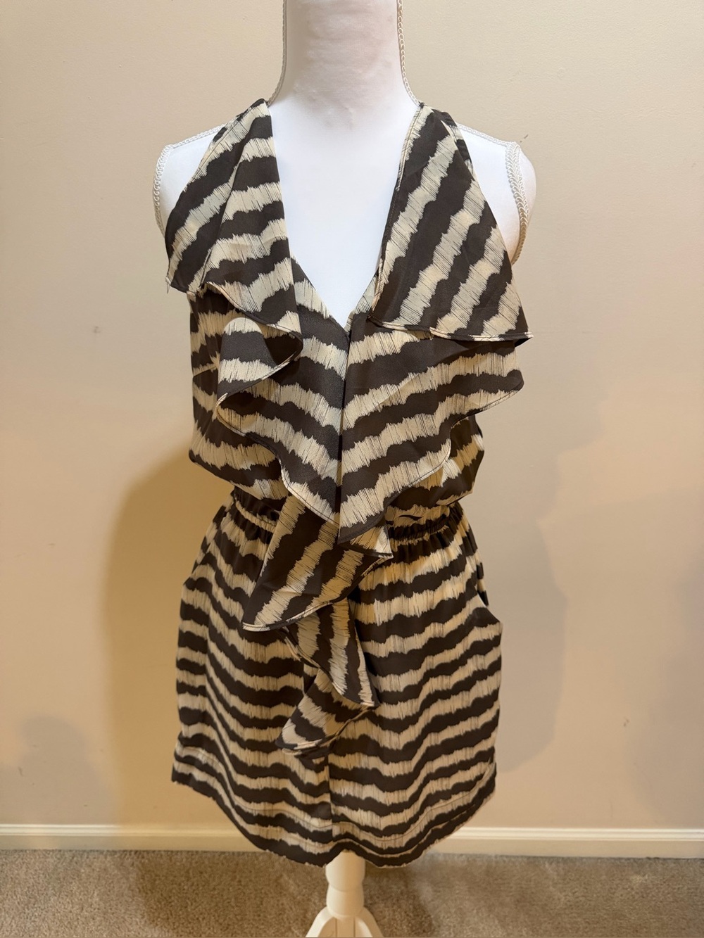 Brown and Beige Sleeveless Minidress Razorback with Elastic Waist Size Small